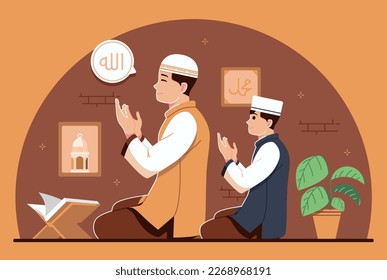 Islamic family praying together illustration