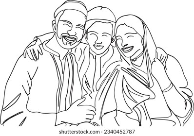 Islamic Family Togetherness: One-Line Cartoon Illustration of Muslim Parents with Son, Traditional Muslim Family in One-Stroke: Continuous Sketch Cartoon Drawing