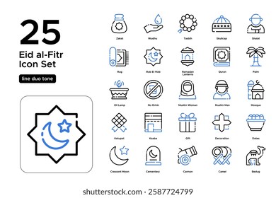 Islamic Fasting Month. Ramadan Practices. Prayer, Charity, and Fasting Symbols. Vector Illustration. Oultine duo tone icon set