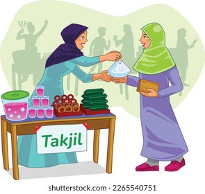 An Islamic female sell some fasting snacks to another Islamic female.  Suitable to use as Social Media Content, Greeting Cards, UI, Landing Page, Mobile Apps, Cover Illustration and Website. Vector