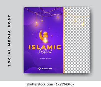 Islamic festivaal social media banner template with lantern and crescent moon background