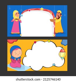 Islamic Festival Banner Or Header Set With Muslim Couple Holding Delicious Foods, Religious Woman Praying And Copy Spac.