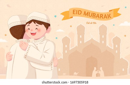 Islamic festival celebration banner, with two cute Arabic brothers hugging each other to celebrate the end of Ramadan in paper cut style