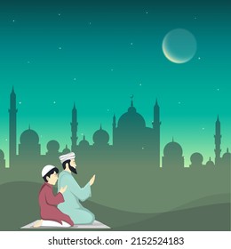 Islamic Festival Celebration Concept With Muslim Man, His Son Offering Namaz (Prayer) And Silhouette Mosque On Turquoise Background.