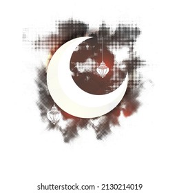 Islamic Festival Concept With Crescent Moon, Hanging Lanterns And Black Halftone Effect On White Background.