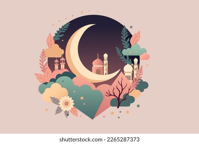 Islamic Festival Concept With Crescent Moon, Mosque On Nature Background.