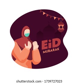 Islamic Festival  Concept with a Muslim Female wearing mask on occasion of Eid. Eid Mubarak concept during Covid-19.