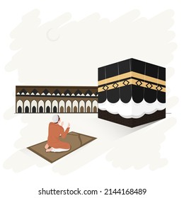 Islamic Festival Concept With Muslim Man Offering Namaz (Prayer) At Mat In Front Of Kaaba On White Background And Copy Space.