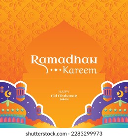 Islamic festival cute poster background design with the concept of a mosque entrance design with a fun combination of glass ornaments suitable for Ramadan Kareem 1444 H, Hari Raya, Eid al-Fitr, Eid al