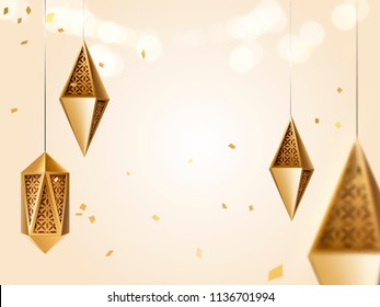 Islamic festival design with golden carved lanterns with copy space in 3d illustration