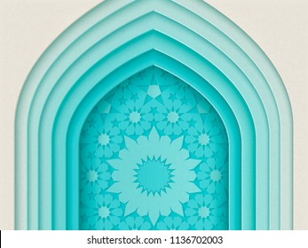 Islamic festival design with multi layers arch background in paper style, 3d illustration