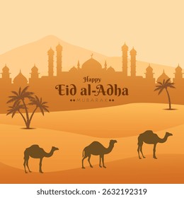 festival islâmico eid al adha mubarak design cartão com silhueta de mesquita, camelo, deserto