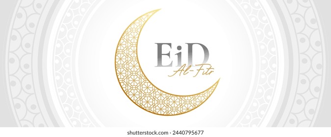 islamic festival eid al fitr wishes banner with golden half crescent vector (Translation of Eid Al Fitr is Festival of breaking ramadan fast)