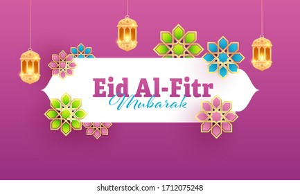 Islamic festival Eid Al-Fitr Mubarak Banner with hanging lanterns, and colorful floral pattern on pink background.