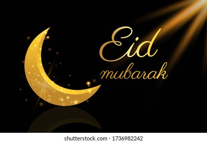 Islamic festival Eid design with golden crescent moon and mosque template. Eid Mubarak ramadan kareem greeting card, web banner, poster or flyer with arch shaped design.
