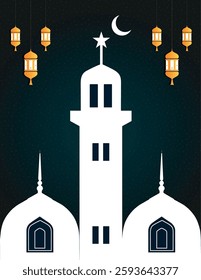 Islamic Festival Eid, mosque illustration with crescent and Islamic lanterns vector