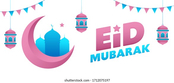 Islamic festival Eid Mubarak banner with pink crescent moon, blue mosque, hanging laterns on white background.