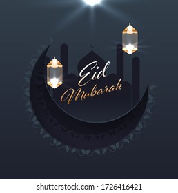 Islamic festival Eid Mubarak celebration concept with hanging illuminated lanterns, crescent moon and mosque on grey background. 