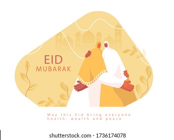 Islamic festival of Eid Mubarak celebration concept with Muslim women hugging each other on mosque silhouette background.