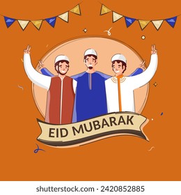 Islamic Festival of Eid Mubarak Celebration Concept with Cheerful Muslim Men Cartoon Illustration.
