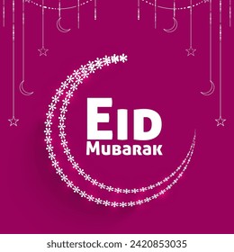 Islamic Festival of Eid Mubarak Celebration Concept with White Tiny Flowers Forming A Crescent Moon, Star Decoration on Pink Background.