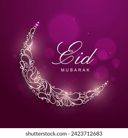 Islamic Festival of Eid Mubarak Celebration Concept with Neon Light Forming Crescent Moon on Bokeh Effect Dark Pink Background.
