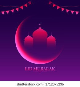 Islamic festival Eid Mubarak concept with glowing crescent moon and mosque, bunting flags on purple background.