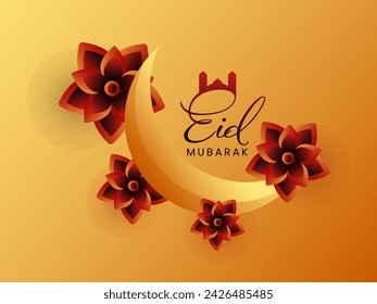 Islamic Festival of Eid Mubarak Concept with Crescent Moon and Flower Decorated on Glossy Golden Background.