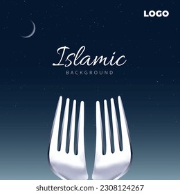 Islamisches Festival, Eid Mubarak, Ramadan Mubarak, Shab-e-Barat, Barat Night, Lailatul Qadr kreatives Konzept. Eine Gabel vor einem Mond. Food Restaurant-Plakate, Restaurant-Branding und Social Media-Pools