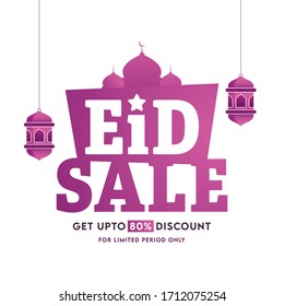 Islamic festival Eid Mubarak Sale Concept with hanging lanterns and mosque on white background.