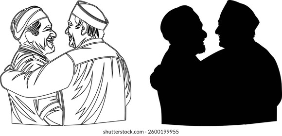 Islamic Festival Eid Mubarak Vector art and silhouette, Two Men Hugging in Celebration and Spiritual Theme for Ramadan and Eid Greetings.