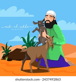 Islamic Festival Eid-Al-Adha Mubarak Concept with Muslim Man Holding Goat on Orange and Blue Nature Background.