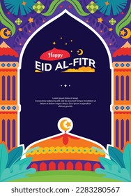 Islamic festival funny poster background design with fun mosque entrance design concept suitable for Ramadan Kareem 1444 H, Hari Raya, Eid al-Fitr, Eid al-Adha.
