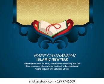 Islamic festival of happy muharram invitation greeting card with holy book quraan