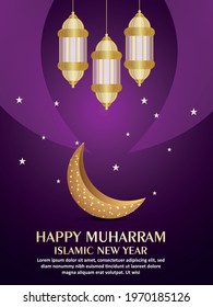 Islamic festival happy muharram party flyer with realistic golden moon and arabic lantern