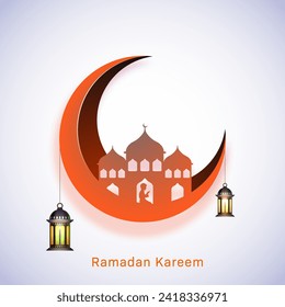 Islamic Festival of Holy Month, Ramadan Kareem Celebration Concept with Crescent Moon, Silhouette Muslim Man Praying In Mosque and Lit Lanterns Illustration.