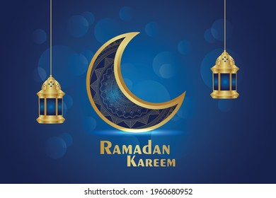 Islamic festival invitation greeting card of ramadan kareem with creative moon and lantern