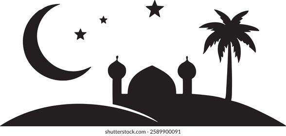Islamic festival night scene with a grand mosque, stars, and palm trees under a crescent moon.