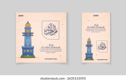 Postagem em festival islâmico, postagem em mídia social Eid Al Adha e modelo de design de história com vetor de mesquita