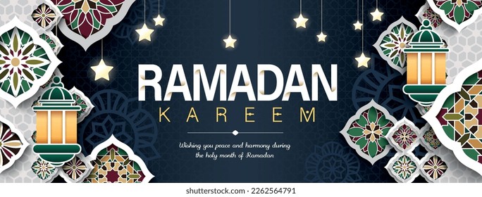 Islamic festival poster background design, paper graphic of islamic decorations and lanterns. Suitable for Ramadan Kareem , Hari Raya, Eid Mubarak, Eid al Adha.