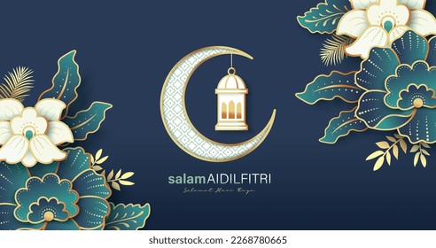 Islamic festival poster background design with flowers, moon and lanterns, suitable for Ramadan Kareem , Hari Raya, Eid Mubarak, Eid al Adha.