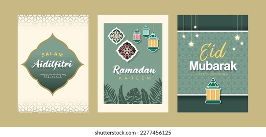 Islamic festival poster background design, paper graphic of islamic decorations and lanterns. Suitable for Ramadan Kareem, Eid Mubarak, Eid al Adha. Translation: happy hari raya and May you forgive us