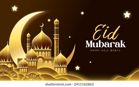 Islamic festival poster background design with mosque, arabic calligraphy, crescent moon and lantern. Suitable for Ramadan Kareem , Hari Raya, Eid Mubarak, Eid al Adha.