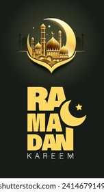 Islamic festival poster background design with mosque, arabic calligraphy, crescent moon and lantern. Suitable for Ramadan Kareem , Hari Raya, Eid Mubarak, Eid al Adha.