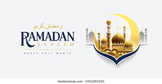 Islamic festival poster background design with mosque, arabic calligraphy, crescent moon and lantern. Suitable for Ramadan Kareem , Hari Raya, Eid Mubarak, Eid al Adha.