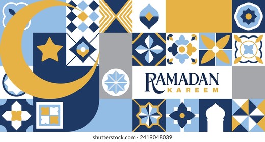 Islamic festival poster background design in flat geometric style, arabic calligraphy, crescent moon and lantern. Suitable for Ramadan Kareem , Hari Raya, Eid Mubarak, Eid al Adha.