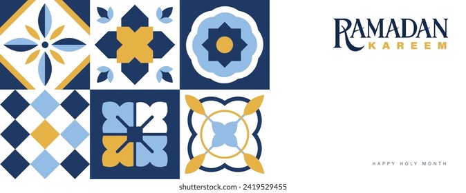 Islamic festival poster background design in flat geometric style, arabic calligraphy, crescent moon and lantern. Suitable for Ramadan Kareem , Hari Raya, Eid Mubarak, Eid al Adha.