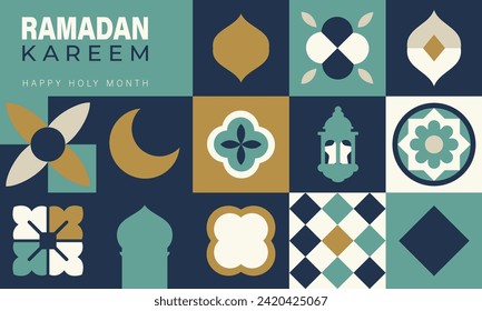 Das islamische Festival-Poster-Hintergrund-Design im flachen geometrischen Stil, arabische Kalligrafie, Crescent Mond und Laterne. Geeignet für Ramadan Kareem , Hari Raya, Eid Mubarak, Eid al Adha.