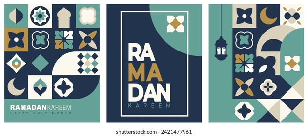 Islamic festival poster background design in flat geometric style, arabic calligraphy, crescent moon and lantern. Suitable for Ramadan Kareem , Hari Raya, Eid Mubarak, Eid al Adha.