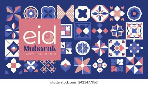 Islamic festival poster background design in flat geometric style, arabic calligraphy, crescent moon and lantern. Suitable for Ramadan Kareem , Hari Raya, Eid Mubarak, Eid al Adha.